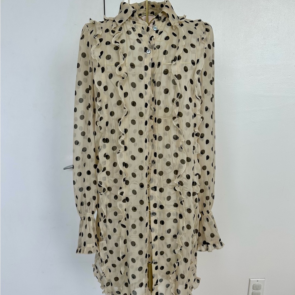 Cinq a Sept l Sheer Polka Dot Shirt Dress with Ruffles